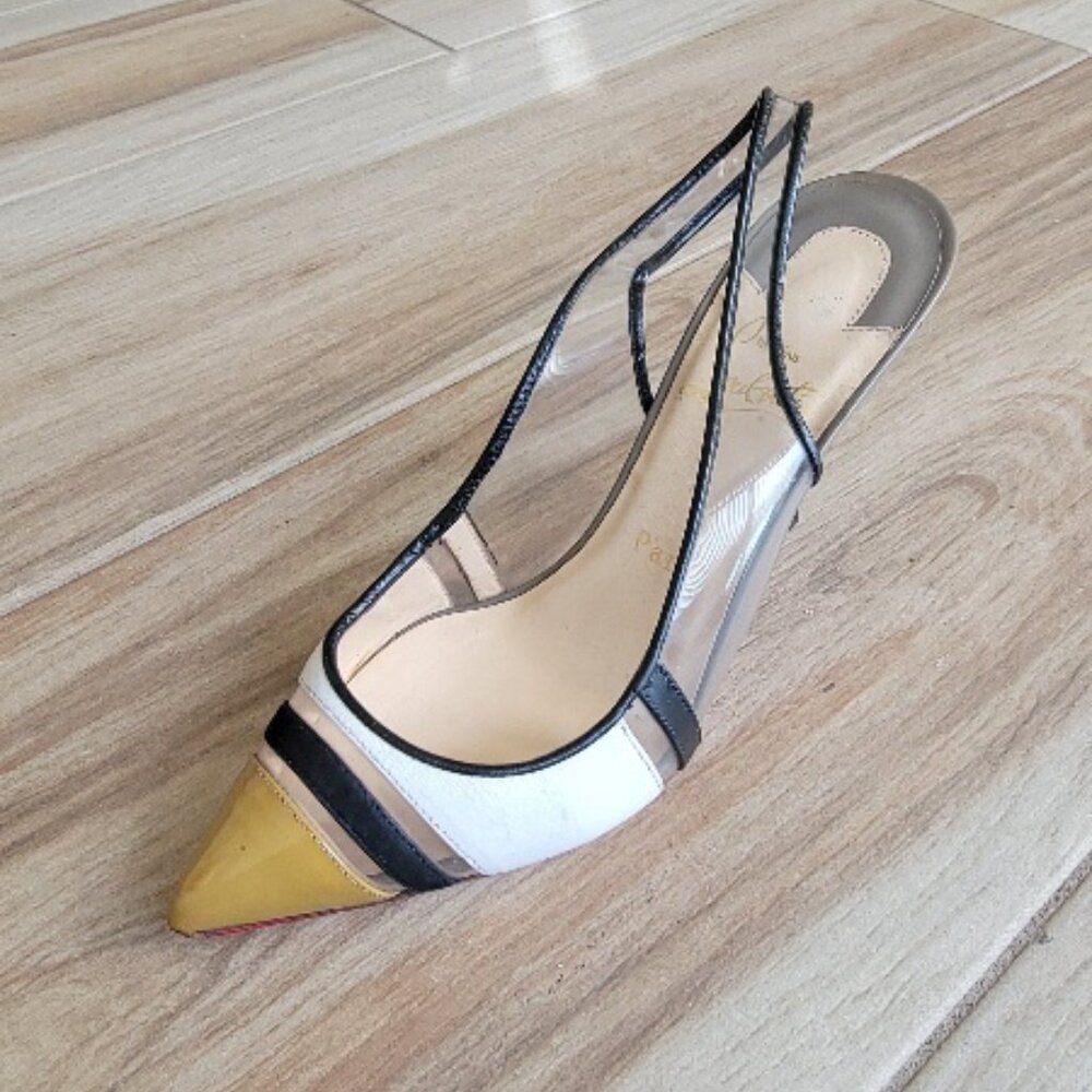 Christian LouBoutin HighWay Beige Black PVC/ Leather Sling Back Shoes Eur.37